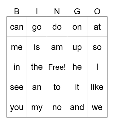 Kindergarten 25 Sight Words Bingo Card