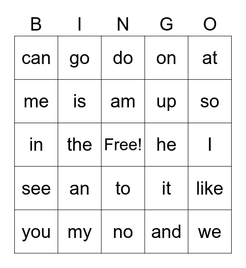 Kindergarten 25 Sight Words Bingo Card
