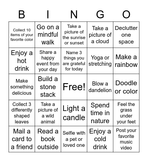 Mindfulness Bingo Card