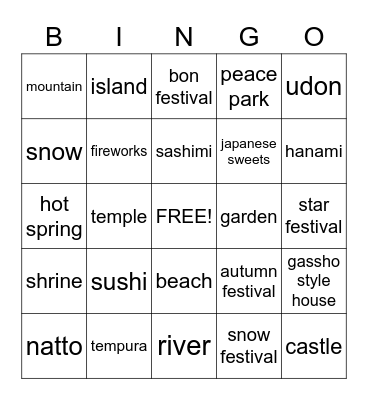 Welcome to Japan Bingo Card