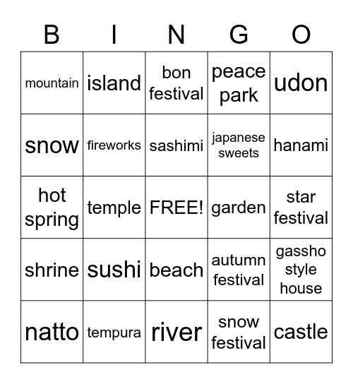 Welcome to Japan Bingo Card