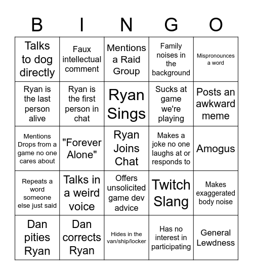 Ryan Game Night Bingo Card