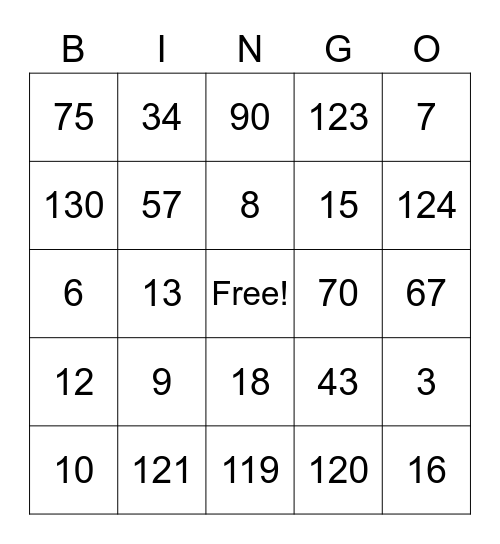 Number Bingo Card