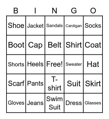 Clothes Bingo Card