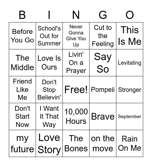 Music Bingo Card