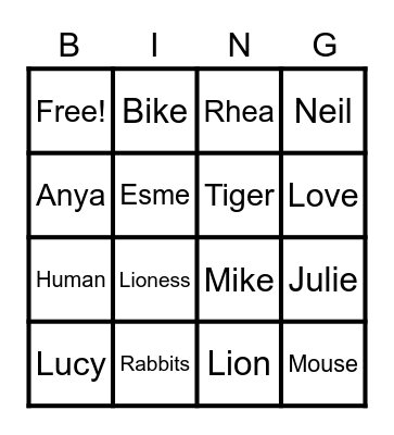 Names/Animals/things Bingo Card