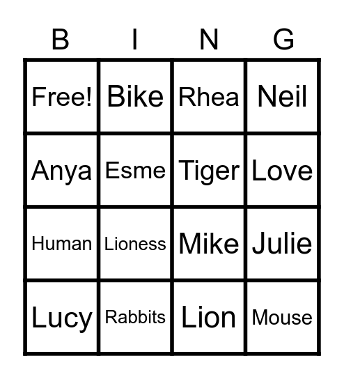 Names/Animals/things Bingo Card