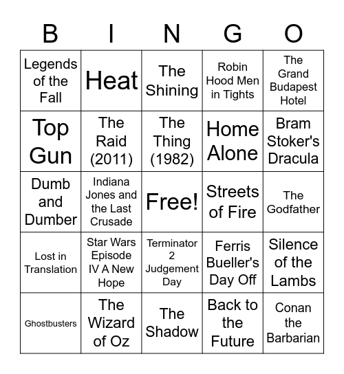 Favorite Movies Bingo Card