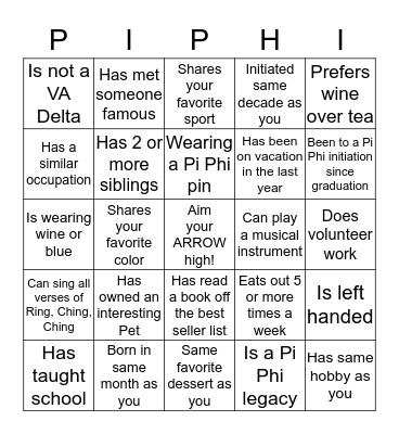 Pi Beta Phi  Bingo Card