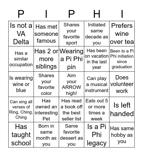 Pi Beta Phi  Bingo Card