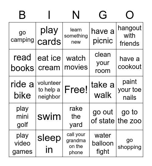 Summer Vacation Bingo Card