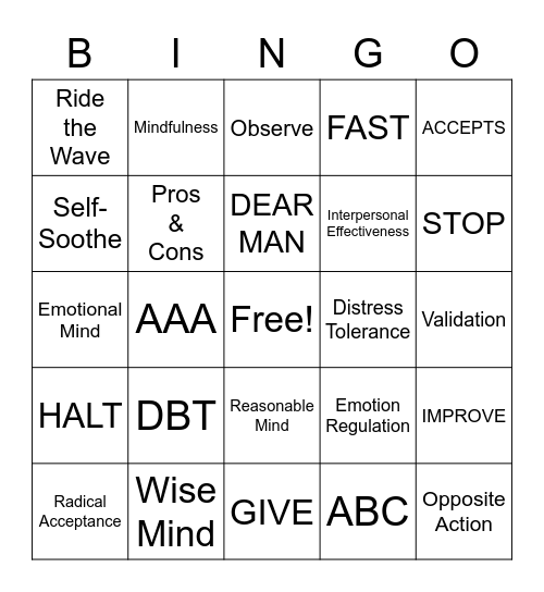 DBT Bingo Card