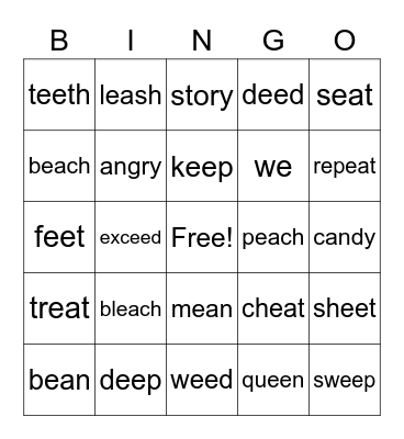 Long e: ee, ea and y Bingo Card