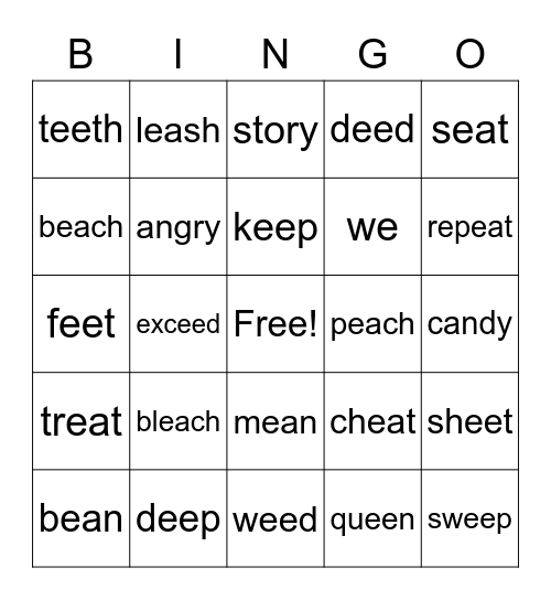 Long e: ee, ea and y Bingo Card