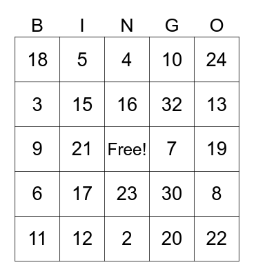 Number Bingo Card