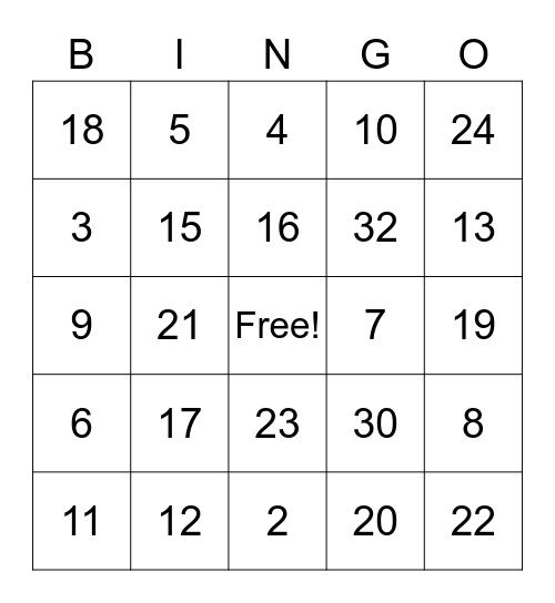 Number Bingo Card