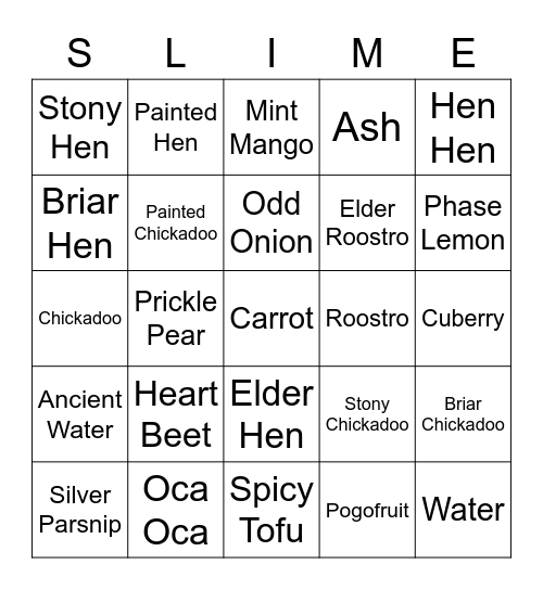 Slime Food Bingo Card