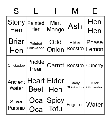 Slime Food Bingo Card