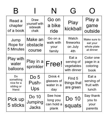 July Kids Bingo Card