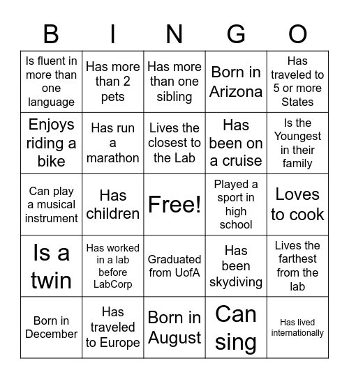 Getting to Know you Bingo Card
