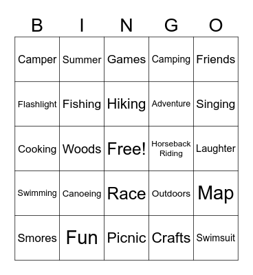 Summer camp Bingo Card