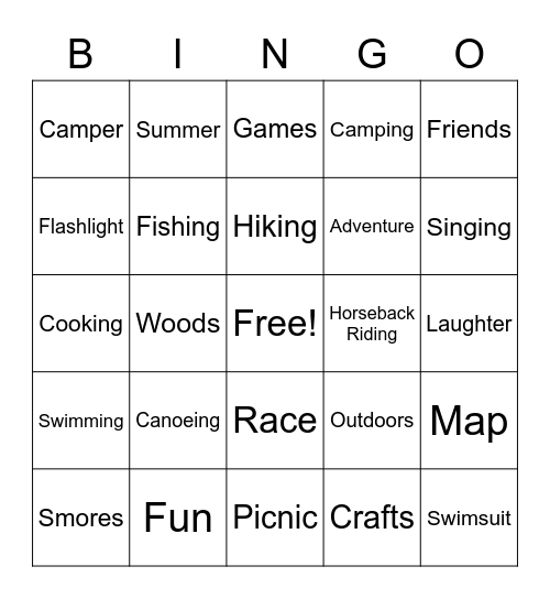 Summer camp Bingo Card