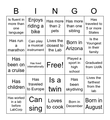 Getting to Know you Bingo Card