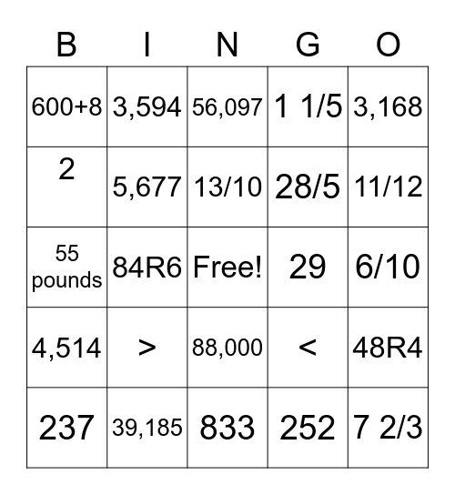 Summer Math Bingo Card