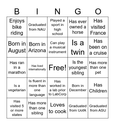 Get to know you Bingo Card