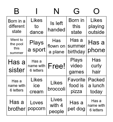 All About Me Bingo Card