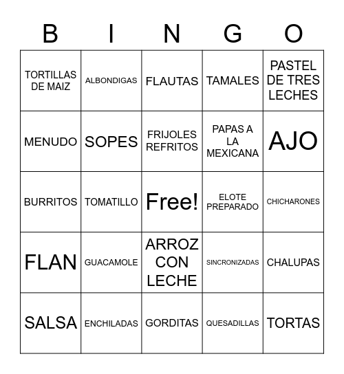 COMIDA MEXICANA Bingo Card