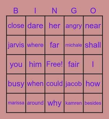 parts of speach Bingo Card