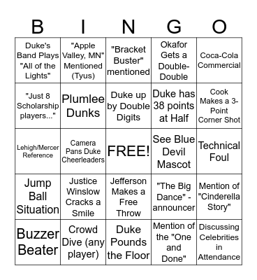 NCAA Tournament - Duke Basketball Bingo Card
