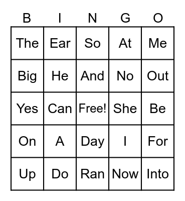 Sight Words Bingo Card