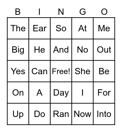 Sight Words Bingo Card