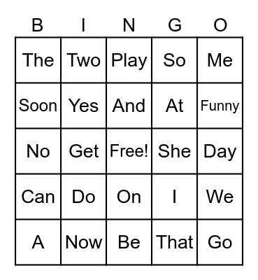 Sight Words Bingo Card