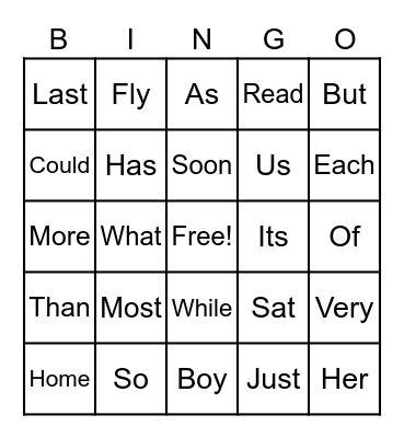 Sight Words Bingo Card