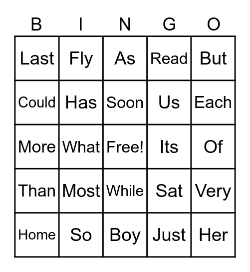 Sight Words Bingo Card