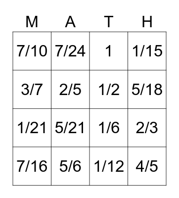 Fraction Bingo Card