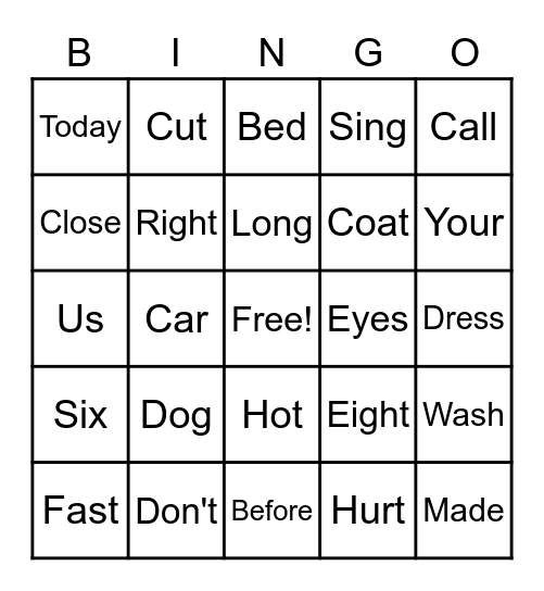 Sight Words Bingo Card