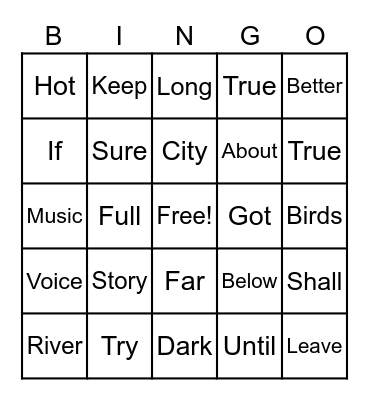 Sight Words Bingo Card