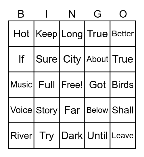 Sight Words Bingo Card