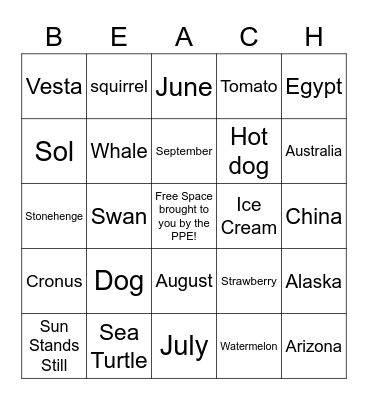 PPE Summer Solstice "BINGO" Bingo Card