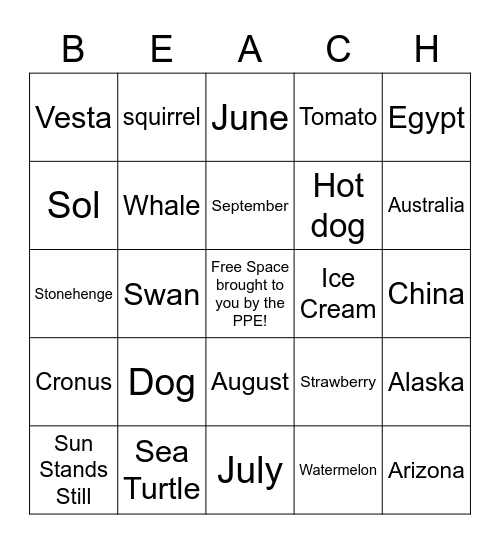 PPE Summer Solstice "BINGO" Bingo Card