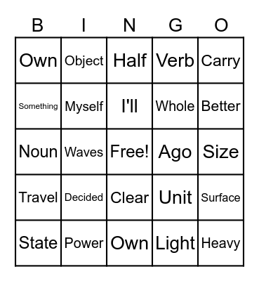 Sight Words Bingo Card