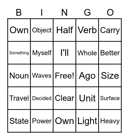 Sight Words Bingo Card