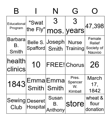 Relief Society Bingo - Looking Back Bingo Card