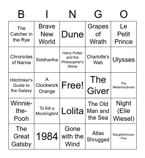 Top 20th Century Books Bingo Card