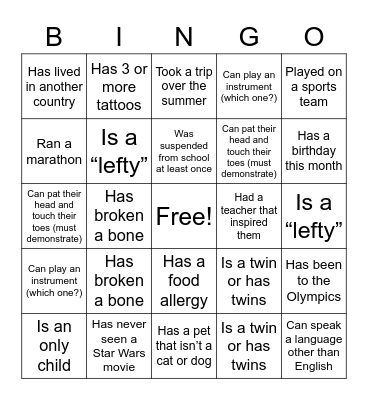Team Building BINGO Card