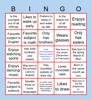 Journeys~Safarha Human Bingo Card